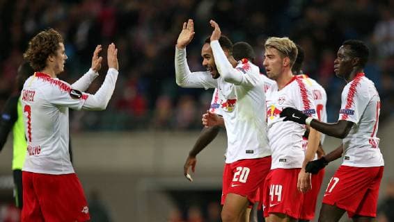 25.10.2018, Fussball UEFA Europa League 2018 2019, Gruppenphase, 3.Spieltag, RB Leipzig - Celtic Glasgow, in der Red Bull Arena Leipzig. Jubel RB Leipzig zum Tor zum 1:0, (L-R) Marcel Sabitzer (RB Leipzig), Torschütze Matheus Cunha (RB Leipzig), Kevin Kampl (RB Leipzig) und Bruma (RB Leipzig)