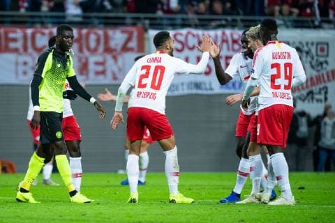 25.10.2018, xkvx, Fussball UEFA Europa League, RB Leipzig - Celtic Glasgow emspor, v.l. Torjubel, Goal celebration, celebrate the goal zum 2:0 durch Matheus Cunha (RB Leipzig) (DFL DFB REGULATIONS PROHIBIT ANY USE OF PHOTOGRAPHS as IMAGE SEQUENCES and or QUASI-VIDEO) Leipzig