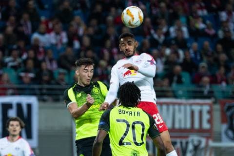 25.10.2018, xkvx, Fussball UEFA Europa League, RB Leipzig - Celtic Glasgow emspor, v.l. Kieran Tierney (Celtic Glasgow), Matheus Cunha (RB Leipzig) (DFL DFB REGULATIONS PROHIBIT ANY USE OF PHOTOGRAPHS as IMAGE SEQUENCES and or QUASI-VIDEO) Leipzig