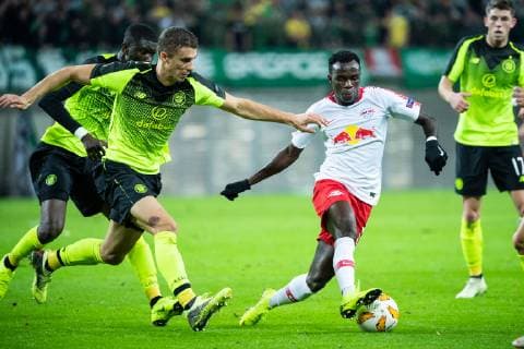 25.10.2018, xkvx, Fussball UEFA Europa League, RB Leipzig - Celtic Glasgow emspor, v.l. Jozo Simunovic (Celtic Glasgow), Bruma (RB Leipzig) (DFL DFB REGULATIONS PROHIBIT ANY USE OF PHOTOGRAPHS as IMAGE SEQUENCES and or QUASI-VIDEO) Leipzig
