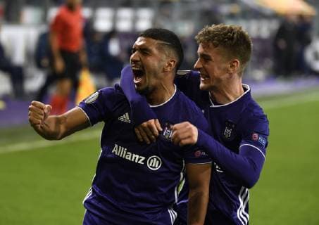 Zakaria Bakkali midfielder of RSC Anderlecht celebrates with teammates after scoring FOOTBALL : RSC Anderlecht vs Fenerbahce - Ligue europeenne - 25 10 2018 PhotoNews Panoramic  775219992