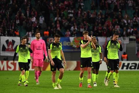 Fussball, Herren, Saison 2018 2019, Europa League (Gruppe B, 3. Spieltag) RB Leipzig - Celtic Glasgow, Enttäuschung nach Abpfiff bei den Spielern von Celtic Glasgow, 25.10. 2018, Copyright: xMatthiasxKochx