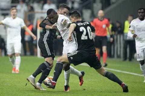 Besiktas Tolgay Arslan, Genk s Aly Mbwana Samatta and Besiktas Necip Uysal fight for the ball during the match between Belgian soccer team KRC Genk and Turkish club Besiktas, in Istanbul, Turkey, Thursday 25 October 2018 on the third day of the UEFA Europa League group stage, in group I. YORICKxJANSENS  x05455214x