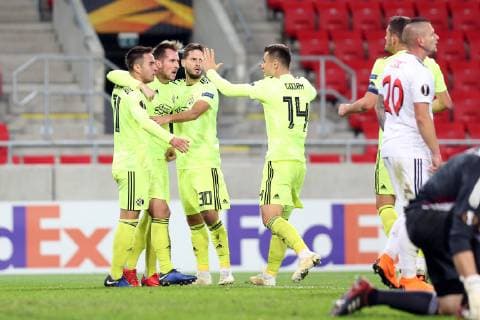 TRNAVA 25.10.2018 PILKA NOZNA FOOTBALL LIGA EUROPY - UEFA EUROPA LEAGUE SPARTAK TRNAVA - DINAMO ZAGRZEB ZAGREB NZ. MARIO GAVRANOVIC (DINAMO) IZET HAJROVIC (DINAMO) PETARD STOJANOVIC (DINAMO) AMER GOJAK (DINAMO) FOT. MICHAL CHWIEDUK FOKUSMEDIA.COM.PL NEWSPIX.PL --- Newspix.pl  181025CHW044
