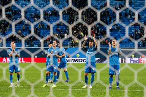 ST PETERSBURG, RUSSIA â€“ OCTOBER 25, 2018: Zenit St Petersburg s players celebrate winning their 2018 19 UEFA Europa League Group C Round 3 football match against FC Bordeaux at Saint Petersburg Stadium. FC Zenit St Petersburg won the game 2:1. Alexander Demianchuk TASS  TS0953DA