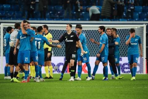 ST PETERSBURG, RUSSIA â€“ OCTOBER 25, 2018: Zenit St Petersburg s players celebrate winning their 2018 19 UEFA Europa League Group C Round 3 football match against FC Bordeaux at Saint Petersburg Stadium. FC Zenit St Petersburg won the game 2:1. Alexander Demianchuk TASS  TS0953DB