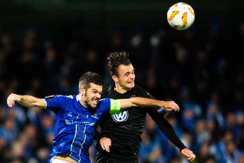181025 Joachim Thomassen of Sarpsborg 08 and Andreas Vindheim of Malmö FF during the Europa League group stage match between Sarpsborg 08 and Malmö FF on October 25, 2018 in Sarpsborg. Photo: Petter Arvidson BILDBYRN kod PA 92137 Copyright: PETTERxARVIDSON BB181025PA044