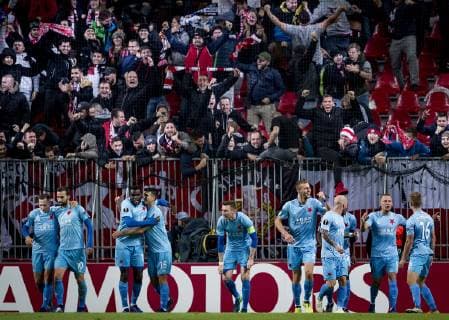 Slavia Prag til 0-1 i Europa League kampen mellem FCK - SK Slavia Praha i Telia Parken torsdag den 25 oktober 2018. , Copenhagen Denmark  Copyright: Scanpix LiselottexSabroex COP101 spdk20181025-215109-L