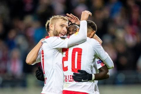 Jubel bei RB Leipzig nach dem 2:0 von Angriffspieler Armindo Tue Na Bangka alias Bruma 17 von RB Leipzig ( FB-EL RB Leipzig - Celtic Glasgow Leipzig Copyright: xEIBNER HartmutxBoesenerx EP_HBR