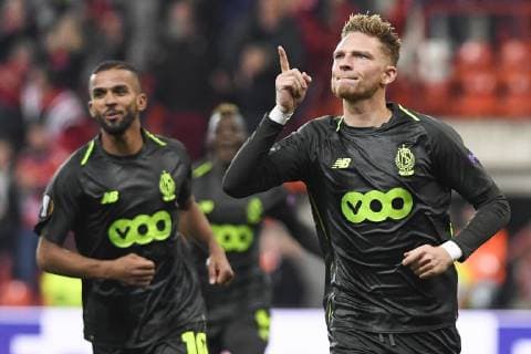 Standard s Renaud Emond celebrates after scoring during the match between Belgian soccer team Standard de Liege and Russian team Krasnodar in Liege, Thursday 25 October 2018, on the third day of the UEFA Europa League group stage, in group J. LAURIExDIEFFEMBACQ  x05455356x