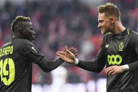 Standard s Moussa Djenepo and Standard s Renaud Emond celebrate after scoring during the match between Belgian soccer team Standard de Liege and Russian team Krasnodar in Liege, Thursday 25 October 2018, on the third day of the UEFA Europa League group stage, in group J. LAURIExDIEFFEMBACQ  x05455336x