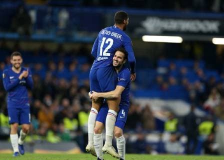 25th October 2018, Stamford Bridge, London, England; UEFA Europa League football, Chelsea versus FC Bate Borisov; Ruben Loftus-Cheek of Chelsea celebrates being lifted by Cesc Fabregas of Chelsea after scoring his sides 3rd goal and his hat trick in the 51st minute to make it 3-0  ActionPlus12073368 JohnxPatrickxFletcher