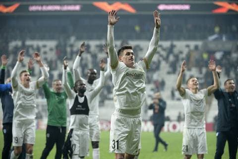 Genk s Joakim Maehle celebrates after winning the match between Belgian soccer team KRC Genk and Turkish club Besiktas, in Istanbul, Turkey, Thursday 25 October 2018 on the third day of the UEFA Europa League group stage, in group I. YORICKxJANSENS  x05455443x