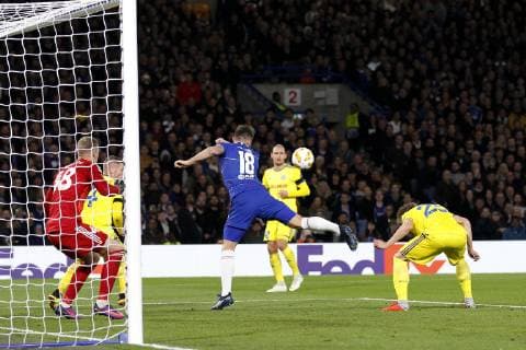 Olivier Giroud of Chelsea misses the back heel flick during the UEFA Europa League group stage match between Chelsea and FC BATE Borisov at Stamford Bridge, London, England on 25 October 2018. Copyright: xCarltonxMyriex 21630024