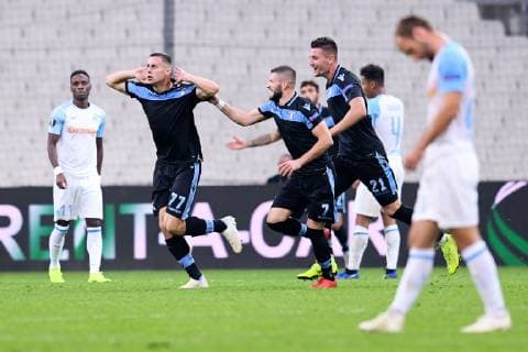 77 ADAM MARUSIC (LAZ) - 21 SERGEJ MILINKOVIC SAVIC (LAZ) - 07 VALON BERISHA (LAZ) - JOIE FOOTBALL : Marseille vs Lazio Rome - Ligue Europa - 25 10 2018 FEP Panoramic 