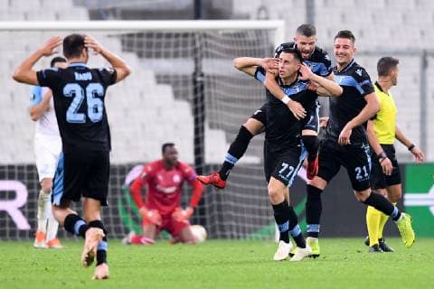 77 ADAM MARUSIC (LAZ) - 21 SERGEJ MILINKOVIC SAVIC (LAZ) - 07 VALON BERISHA (LAZ) - JOIE FOOTBALL : Marseille vs Lazio Rome - Ligue Europa - 25 10 2018 FEP Panoramic 
