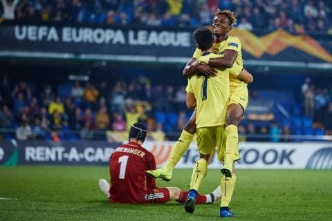 October 25, 2018 - Vila-Real, Vila-real, Spain - Gerard of Villarreal and Samu Chukweze of Villarreal CF celebrates after scoring during the UEFA Europa League group G match between Villarreal and Rapid Wien at stadium de la Ceramica on October 25, 2018 in Vila.real, Spain Villarreal CF v SK Rapid Wien - UEFA Europa League  - ZUMAn230 20181025_zaa_n230_377 Copyright: xSergioxLopezx
