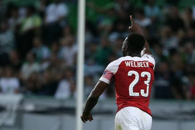 October 25, 2018 - Lisbon, Portugal - Arsenal s forward Danny Welbeck from England celebrates after scoring a goal during the UEFA Europa League Group E football match Sporting CP vs Arsenal FC at Jose Alvalade stadium in Lisbon, Portugal, on October 25, 2018. Sporting CP v Arsenal - UEFA Europa League - Group E  - ZUMAn230 20181025_zaa_n230_299 Copyright: xPedroxFiuzax