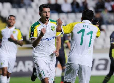 (181026) -- NICOSIA, Oct. 26, 2018 -- Jorge Larena (C) of AEK Larnaca celebrates scoring during the Europa League Group A match between AEK Larnaca and Ludogorets in Nicosia, Cyprus on Oct. 25, 2018. The match tied 1-1. ) (SP)CYPRUS-NICOSIA-SOCCER-UEFA EUROPA LEAGUE-AEK LARNACA VS LUDOGORETS SakisxSavvides 