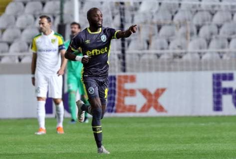 (181026) -- NICOSIA, Oct. 26, 2018 -- Jody Lukoki of Ludogorets celebrates scoring during the Europa League Group A match between AEK Larnaca and Ludogorets in Nicosia, Cyprus on Oct. 25, 2018. The match tied 1-1. ) (SP)CYPRUS-NICOSIA-SOCCER-UEFA EUROPA LEAGUE-AEK LARNACA VS LUDOGORETS SakisxSavvides 