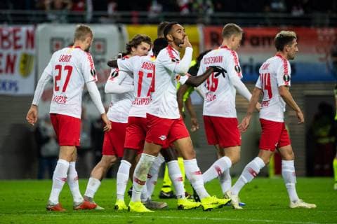 (181026) -- LEIPZIG, Oct. 26, 2018 -- Leipzig s Matheus Cunha (3rd R) celebrates his scoring during a third round match in Group B of UEFA Europa League between RB Leipzig of Germany and Celtic FC of Scotland, in Leipzig, Germany, on Oct. 25, 2018. Leipzig won 2-0. ) (SP)GERMANY-LEIPZIG-SOCCER-UEFA EUROPA LEAGUE-LEIPZIG VS CELTIC KevinxVoigt 