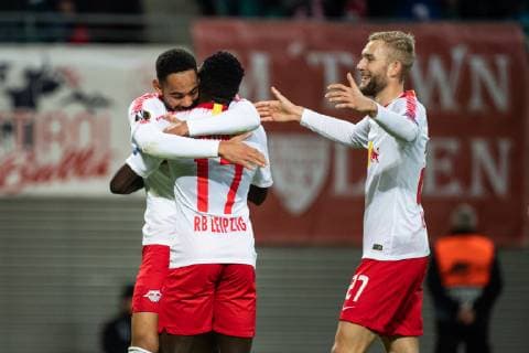 (181026) -- LEIPZIG, Oct. 26, 2018 -- Leipzig s Bruma (C) celebrates his scoring with teammates Matheus Cunha (L) and Konrad Laimer during a third round match in Group B of UEFA Europa League between RB Leipzig of Germany and Celtic FC of Scotland, in Leipzig, Germany, on Oct. 25, 2018. Leipzig won 2-0. ) (SP)GERMANY-LEIPZIG-SOCCER-UEFA EUROPA LEAGUE-LEIPZIG VS CELTIC KevinxVoigt 