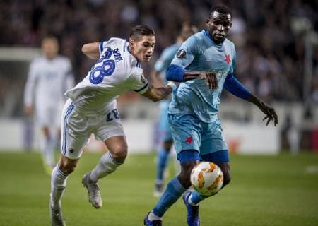 FCKs Viktor Fischer i Europa League kampen mellem FCK - SK Slavia Praha i Telia Parken torsdag den 25 oktober 2018. FC Koebenhavn faar svaert ved at naa foraarets knockoutkampe i Europa League efter nederlag til Slavia Prag i Parken. Det skriver Ritzau, fredag den 26. oktober 2018.. , Copenhagen Denmark  Copyright: Scanpix LiselottexSabroex cop108 spdk20181026-073418-L