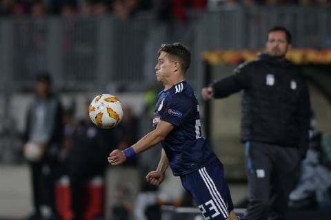 Fussball Europa League 2018 - 2019 24.10.2018, Fussball Europa League, UEFA Europa League, 2018-2019, Gruppenphase, Gruppe F, Spieltag 3, Luxemburg, Stade Josy Barthel, Luxemburg (LUX) - F91 Dudelange, Düdelingen, - Olympiakos Piräus (GRE) vl: Leonardo Koutris (Olympiakos Piräus, Olympiakos Piraeus, 23)