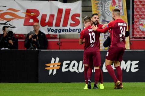 SOCCER - UEFA EL, RBS vs Rosenborg SALZBURG,AUSTRIA,25.OCT.18 - SOCCER - UEFA Europa League, group stage, Red Bull Salzburg vs Rosenborg BK. Image shows the rejoicing of Hannes Wolf, Munas Dabbur and Marin Pongracic (RBS). GEPAxpictures xFlorianxErtl
