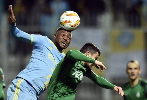 L-R Junior Kabananga (Astana) and Vladimir Jovovic (Jablonec) in action during the 3rd round of the European UEFA Europa League, match FK Jablonec vs FC Astana, in Jablonec nad Nisou, Czech Republic, on October 25, 201878. (CTKxPhoto RadekxPetrasek) CTKPhotoP201810251243001  _PER5538