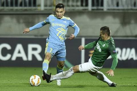 L-R Serikzhan Muzhikov (Astana) and Tomas Holes (Jablonec) in action during the 3rd round of the European UEFA Europa League, match FK Jablonec vs FC Astana, in Jablonec nad Nisou, Czech Republic, on October 25, 201878. (CTKxPhoto RadekxPetrasek) CTKPhotoP201810251289101  _PER5685