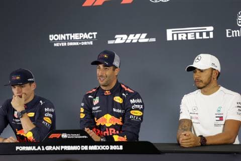Photo4 LaPresse 27 10 2018 Mexico City,Mexico Grand Prix Formula One Mexico 2018 In the pic: press conference PK Pressekonferenz pole position 1st position Daniel Ricciardo (AUS) Red Bull Racing RB14 2nd position Max Verstappen (NED) Red Bull Racing RB14 3rd position Lewis Hamilton (GBR) Mercedes AMG F1 W09  Copyright: xPhoto4 LaPressex