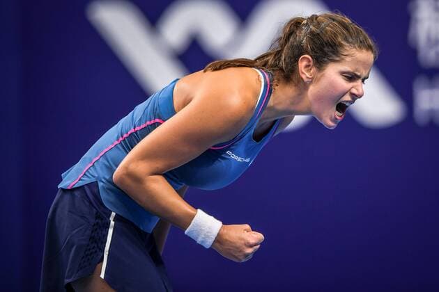Julia Goerges of Germany celebrates after scoring against Anett Kontaveit of Estonia in their group match during the Hengqin Life WTA Tennis Damen Elite Trophy Zhuhai 2018 in Zhuhai city, south China s Guangdong province, 31 October 2018. Anett Kontaveit defeated Julia Goerges 2-1 (6-2, 4-6, 6-4). Anett Kontaveit ousts Julia Goerges at Hengqin Life WTA Elite Trophy Zhuhai  20181031_50282