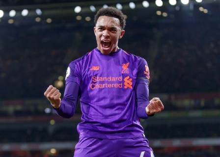 Football - 2018 2019 Premier League - Arsenal vs. Liverpool Trent Alexander-Arnold (Liverpool FC) celebrates after his team scored at The Emirates. COLORSPORT DANIEL BEARHAM  csp_ars_liv_031118_