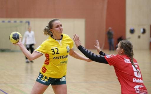 Deutschland - Hattersheim - 04.11.2018 Handball - Hessen - 3. Liga West - Damen Saison 2018 2019 TSG Eddersheim (rot) - SC Markranstädt (gelb) v.l. Martyna Rupp (Markranstädt), Alexandra Flebbe (Eddersheim) TSG Eddersheim - SC Markranstädt