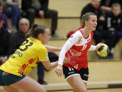 Deutschland - Hattersheim - 04.11.2018 Handball - Hessen - 3. Liga West - Damen Saison 2018 2019 TSG Eddersheim (rot) - SC Markranstädt (gelb) v.l. Lena Smolik (Markranstädt), Lea Müller (Eddersheim) TSG Eddersheim - SC Markranstädt