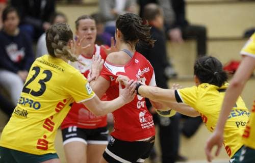 Deutschland - Hattersheim - 04.11.2018 Handball - Hessen - 3. Liga West - Damen Saison 2018 2019 TSG Eddersheim (rot) - SC Markranstädt (gelb) v.l. Lena Smolik (Markranstädt), Hanna-Aylin Özer (Eddersheim), Julia Pöschel (Markranstädt) ziehen am Trikot TSG Eddersheim - SC Markranstädt
