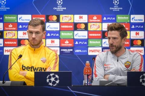 Fußball, CL, AS Rom PK Photo Fabio Rossi AS Roma LaPresse 06 11 2018 Moscow (Russia) Soccer press conference PK Pressekonferenz for the presentation of the champions league match between CSKA Mosca and AS Roma In the pic: Eusebio Di Francesco, Edin Dzeko  Copyright: xFabioxRossi ASxRoma xLaPresse Fax