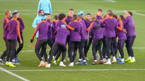 Manchester City Training Leroy Sane runs the gauntlet of teammates during the Manchester City training session at City Football Academy , Manchester Content Not Available For UK Newspapers Copyright: xStevexMcCormickx FIL-12508-0010