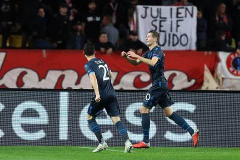 Club s Hans Vanaken celebrates after scoring during a game between AS Monaco and Belgian soccer team Club Brugge KV in the Principality of Monaco, Tuesday 06 November 2018, on day four of the UEFA Champions League, in group A. BRUNOxFAHY  x05462690x