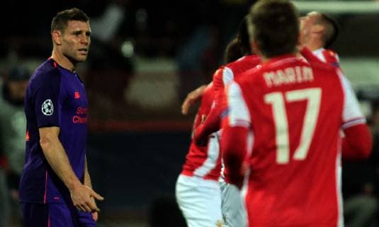 06.11.2018 Belgrade(Serbia) FK Crvena Zvezda(Red Star)-FC Liverpool Champions League men s football James Milner(L) FC Liverpool react after second received goal : 