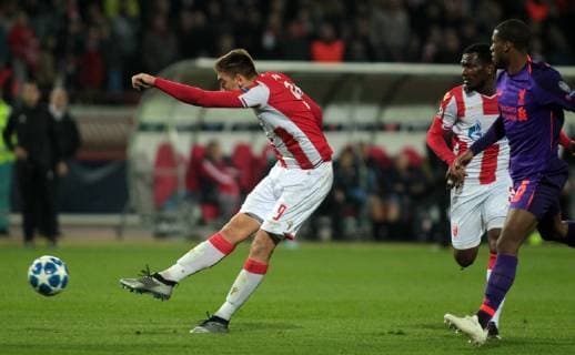 06.11.2018 Belgrade(Serbia) FK Crvena Zvezda(Red Star)-FC Liverpool Champions League men s football Milan Pavkov(c)FK Crvena Zvezda(Red Star) scoring second goal on match beside Georginio Wijnaldum(R) FC Liverpool : 