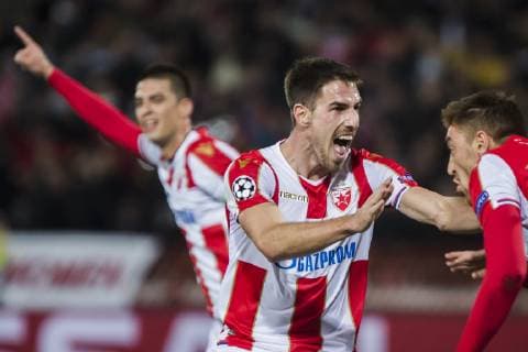 6th November 2018, FK Cukaricki Stadium, Belgrade, Serbia; UEFA Youth League football, Red Star Belgrade versus Liverpool; Milan Pavkov of Red Star Belgrade celebrates scoring his goal with Milos Degenek for 1-0 in the 22nd minute  ActionPlus12076829 NikolaxKrstic