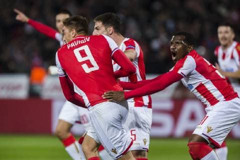 6th November 2018, FK Cukaricki Stadium, Belgrade, Serbia; UEFA Youth League football, Red Star Belgrade versus Liverpool; Milan Pavkov of Red Star Belgrade celebrates scoring his goal with team mates for 1-0 in the 22nd minute  ActionPlus12076830 NikolaxKrstic
