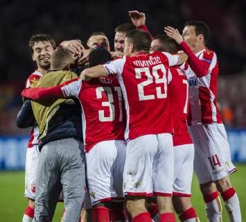 6th November 2018, FK Cukaricki Stadium, Belgrade, Serbia; UEFA Youth League football, Red Star Belgrade versus Liverpool; Milan Pavkov of Red Star Belgrade celebrates scoring his goal for 1-0 in the 22nd minute with with his team mates  ActionPlus12076835 NikolaxKrstic