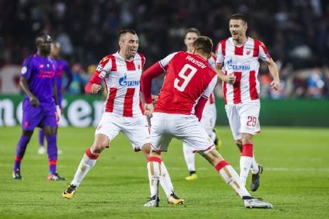 6th November 2018, FK Cukaricki Stadium, Belgrade, Serbia; UEFA Youth League football, Red Star Belgrade versus Liverpool; Milan Pavkov of Red Star Belgrade celebrates scoring his second goal for 2-0 in minute 29, with his team mates  ActionPlus12076839 NikolaxKrstic