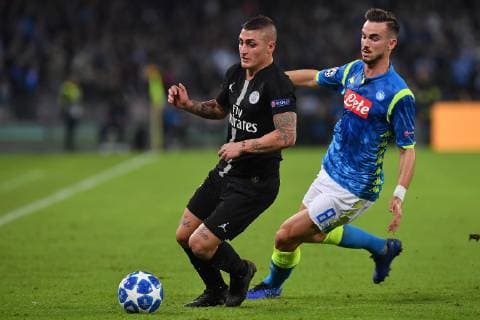 Fußball, CL, SSC Neapel - Paris St. Germain Photo Cafaro LaPresse November 6, 2018 Naples, Italy soccer SSC Napoli vs Paris Saint-Germain - UEFA Champions League 2018 19 season Group C matchday 4 - San Paolo stadium. In the pic: Marco Verratti (Paris Saint-Germain), Fabian Ruiz (SSC Napoli).  Copyright: xCafaro LaPressex