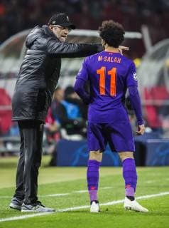 6th November 2018, Rajko Mitic Stadium, Belgrade, Serbia; UEFA Champions League football, Red Star Belgrade versus Liverpool; Head Coach Jurgen Klopp of Liverpool gives instructions to Mohamed Salah of Liverpool  ActionPlus12076873 NikolaxKrstic
