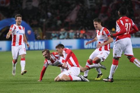 Sport Bilder des Tages MARKO MARIN and MILAN PAVKOV of Crvena zvezda celebrate during UEFA Champions league match against Liverpool at Rajko Mitic stadium, Beograd 06.11.2018 MarkoxMetlas 