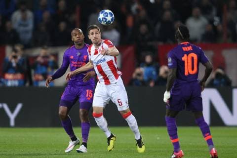 MILOS DEGENEK of Crvena zvezda during UEFA Champions league match against DANIEL STURRIDGE of Liverpool at Rajko Mitic stadium, Beograd 06.11.2018 MarkoxMetlas 